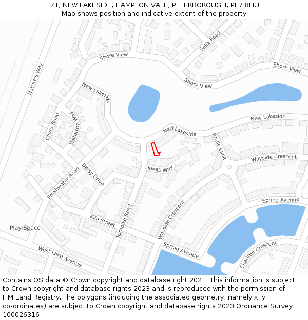 71, NEW LAKESIDE, HAMPTON VALE, PETERBOROUGH, PE7 8HU: Location map and indicative extent of plot