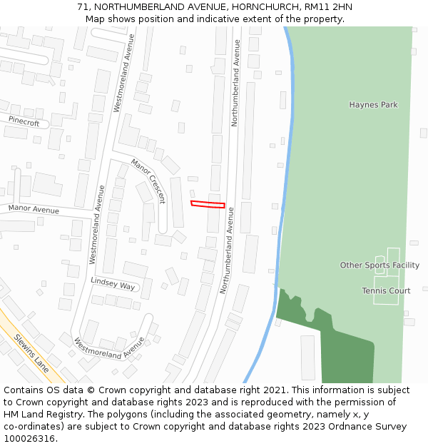 71, NORTHUMBERLAND AVENUE, HORNCHURCH, RM11 2HN: Location map and indicative extent of plot
