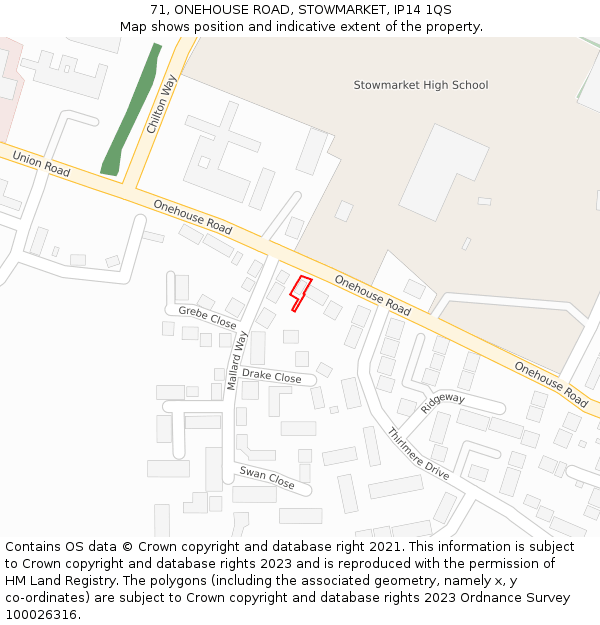 71, ONEHOUSE ROAD, STOWMARKET, IP14 1QS: Location map and indicative extent of plot