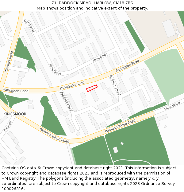 71, PADDOCK MEAD, HARLOW, CM18 7RS: Location map and indicative extent of plot