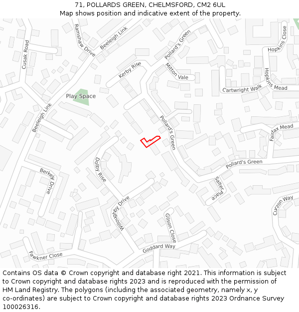 71, POLLARDS GREEN, CHELMSFORD, CM2 6UL: Location map and indicative extent of plot