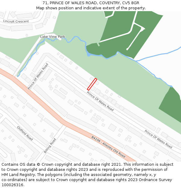 71, PRINCE OF WALES ROAD, COVENTRY, CV5 8GR: Location map and indicative extent of plot