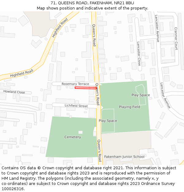 71, QUEENS ROAD, FAKENHAM, NR21 8BU: Location map and indicative extent of plot