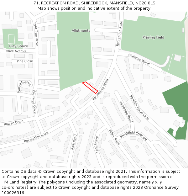 71, RECREATION ROAD, SHIREBROOK, MANSFIELD, NG20 8LS: Location map and indicative extent of plot