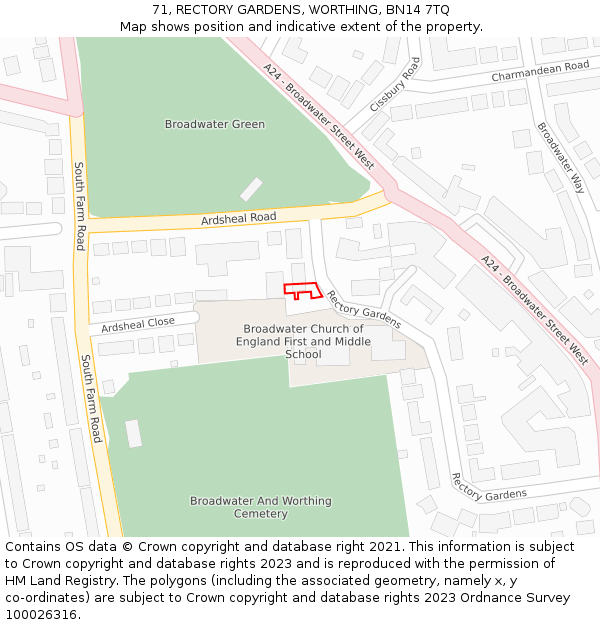71, RECTORY GARDENS, WORTHING, BN14 7TQ: Location map and indicative extent of plot