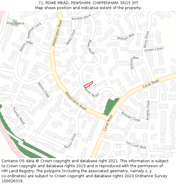 71, ROWE MEAD, PEWSHAM, CHIPPENHAM, SN15 3YT: Location map and indicative extent of plot