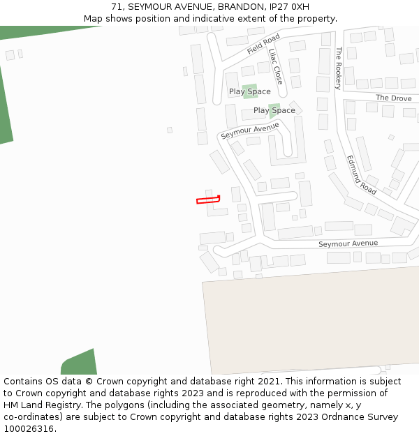 71, SEYMOUR AVENUE, BRANDON, IP27 0XH: Location map and indicative extent of plot