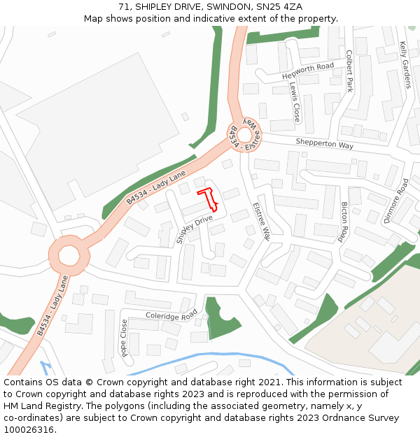 71, SHIPLEY DRIVE, SWINDON, SN25 4ZA: Location map and indicative extent of plot
