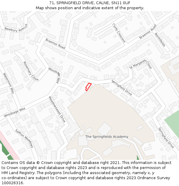 71, SPRINGFIELD DRIVE, CALNE, SN11 0UF: Location map and indicative extent of plot