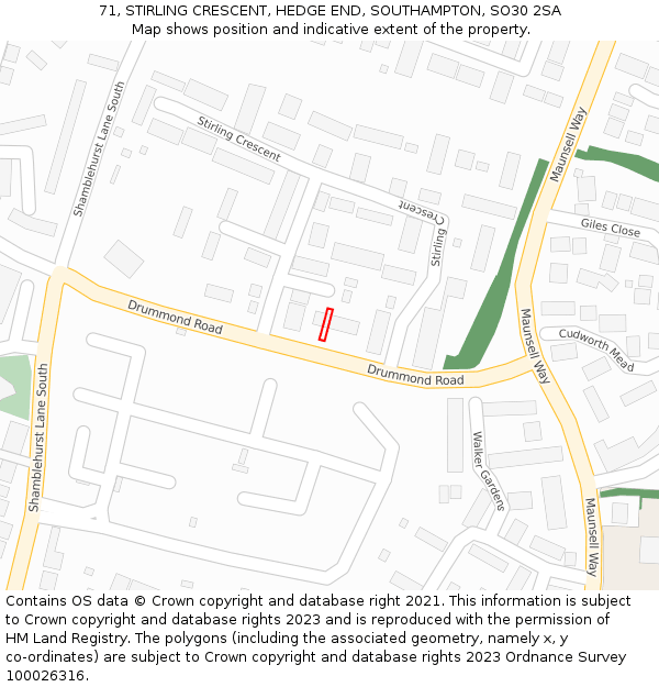 71, STIRLING CRESCENT, HEDGE END, SOUTHAMPTON, SO30 2SA: Location map and indicative extent of plot