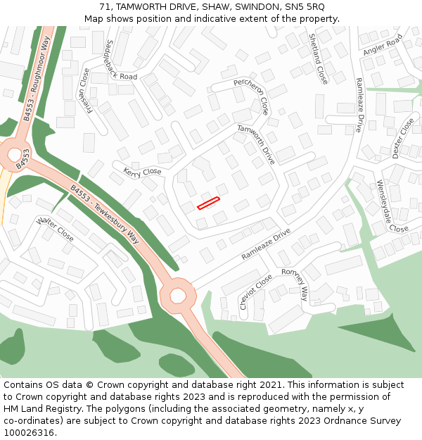 71, TAMWORTH DRIVE, SHAW, SWINDON, SN5 5RQ: Location map and indicative extent of plot
