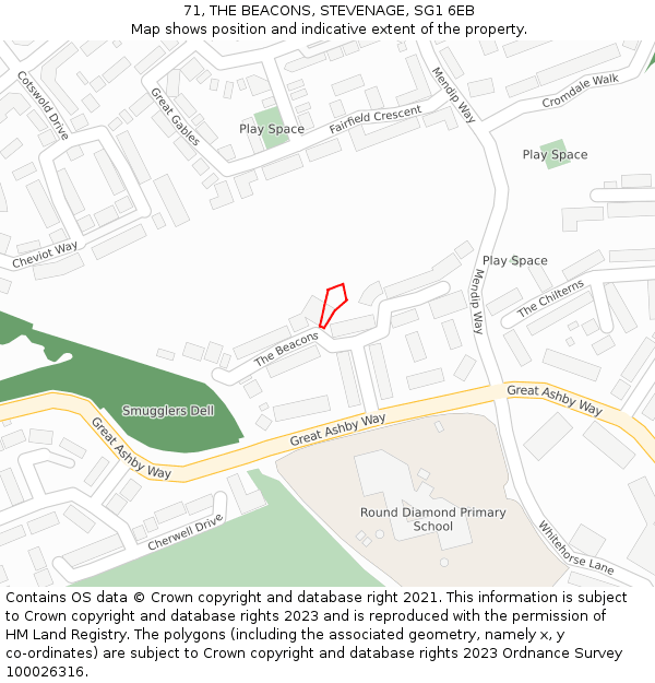 71, THE BEACONS, STEVENAGE, SG1 6EB: Location map and indicative extent of plot