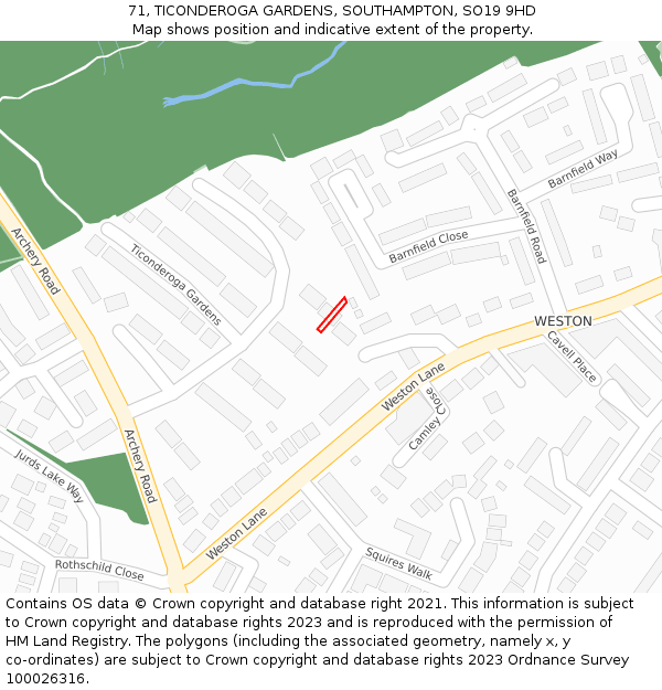 71, TICONDEROGA GARDENS, SOUTHAMPTON, SO19 9HD: Location map and indicative extent of plot