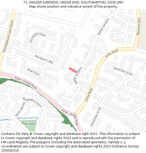 71, WALKER GARDENS, HEDGE END, SOUTHAMPTON, SO30 2RH: Location map and indicative extent of plot