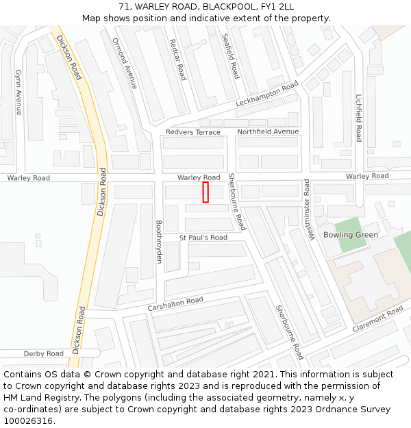 71, WARLEY ROAD, BLACKPOOL, FY1 2LL: Location map and indicative extent of plot
