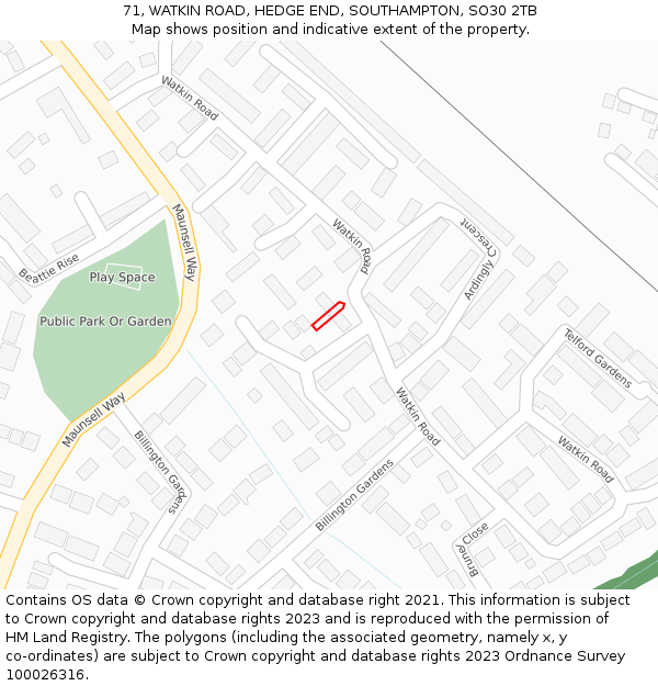 71, WATKIN ROAD, HEDGE END, SOUTHAMPTON, SO30 2TB: Location map and indicative extent of plot
