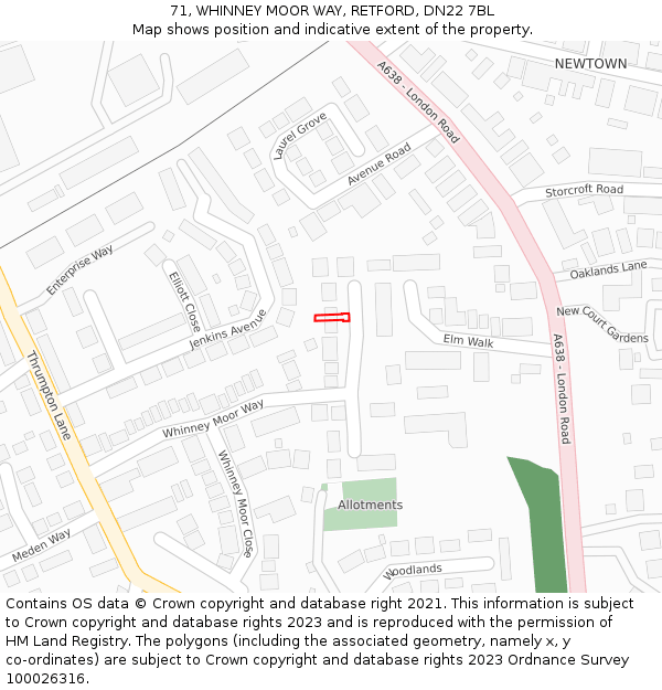 71, WHINNEY MOOR WAY, RETFORD, DN22 7BL: Location map and indicative extent of plot