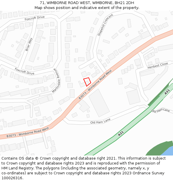71, WIMBORNE ROAD WEST, WIMBORNE, BH21 2DH: Location map and indicative extent of plot