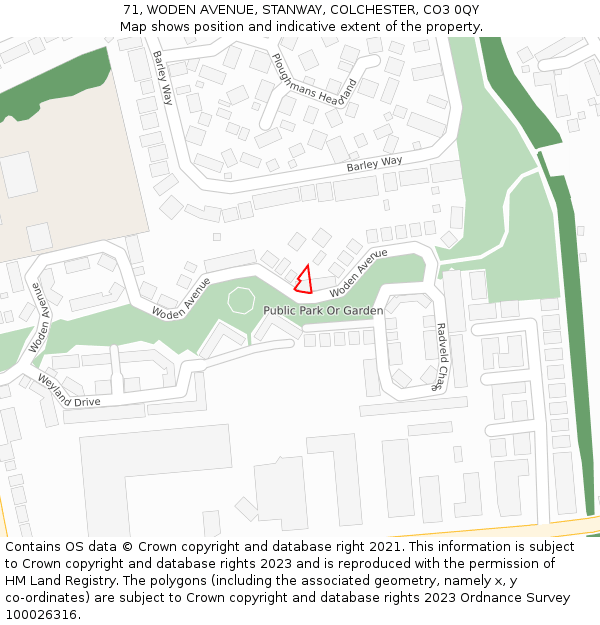 71, WODEN AVENUE, STANWAY, COLCHESTER, CO3 0QY: Location map and indicative extent of plot