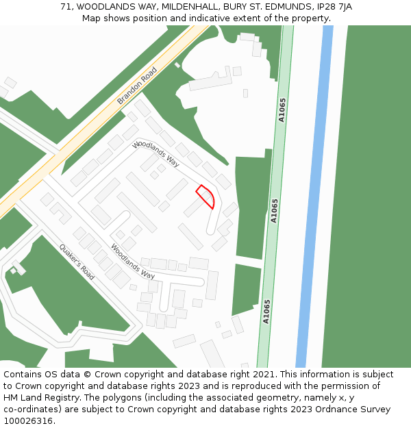 71, WOODLANDS WAY, MILDENHALL, BURY ST. EDMUNDS, IP28 7JA: Location map and indicative extent of plot