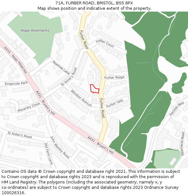 71A, FURBER ROAD, BRISTOL, BS5 8PX: Location map and indicative extent of plot