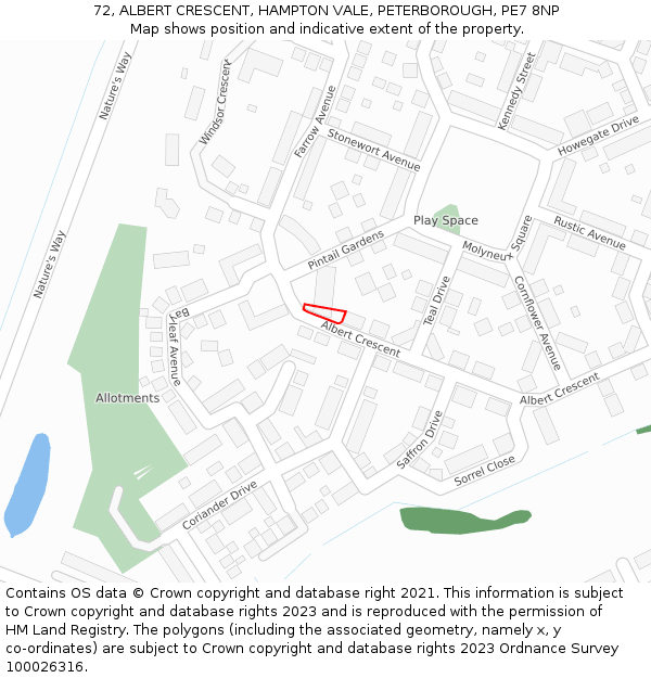 72, ALBERT CRESCENT, HAMPTON VALE, PETERBOROUGH, PE7 8NP: Location map and indicative extent of plot