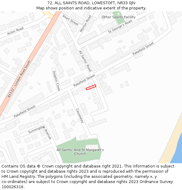 72, ALL SAINTS ROAD, LOWESTOFT, NR33 0JN: Location map and indicative extent of plot
