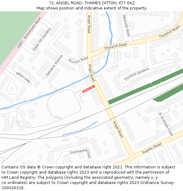 72, ANGEL ROAD, THAMES DITTON, KT7 0AZ: Location map and indicative extent of plot
