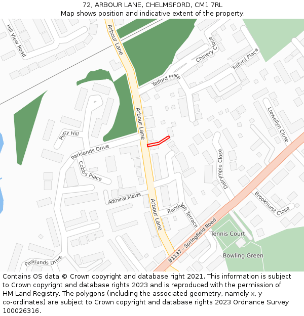 72, ARBOUR LANE, CHELMSFORD, CM1 7RL: Location map and indicative extent of plot