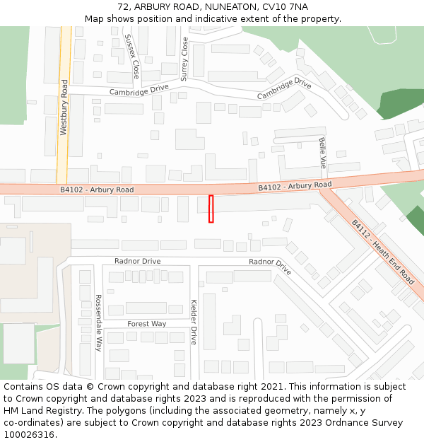 72, ARBURY ROAD, NUNEATON, CV10 7NA: Location map and indicative extent of plot