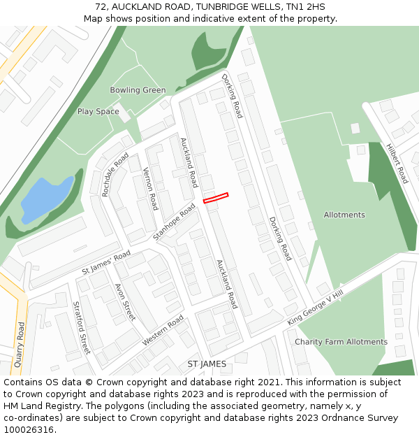 72, AUCKLAND ROAD, TUNBRIDGE WELLS, TN1 2HS: Location map and indicative extent of plot