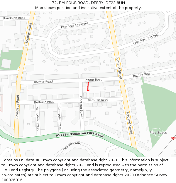 72, BALFOUR ROAD, DERBY, DE23 8UN: Location map and indicative extent of plot