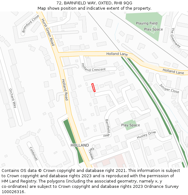 72, BARNFIELD WAY, OXTED, RH8 9QG: Location map and indicative extent of plot