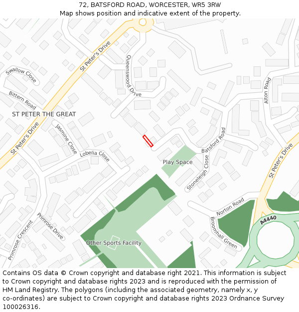 72, BATSFORD ROAD, WORCESTER, WR5 3RW: Location map and indicative extent of plot