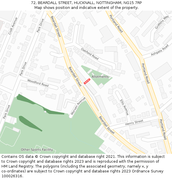 72, BEARDALL STREET, HUCKNALL, NOTTINGHAM, NG15 7RP: Location map and indicative extent of plot