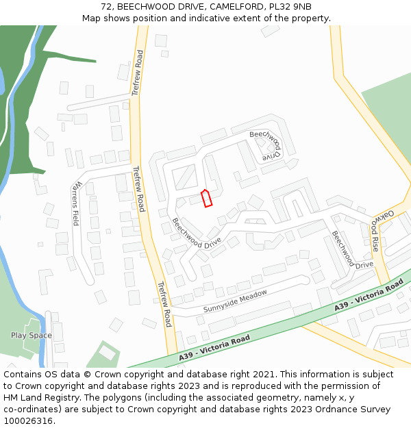 72, BEECHWOOD DRIVE, CAMELFORD, PL32 9NB: Location map and indicative extent of plot