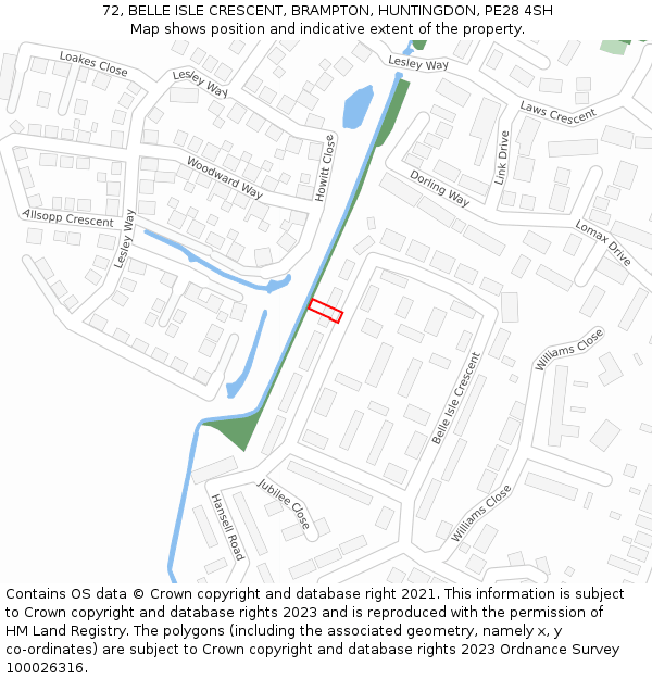 72, BELLE ISLE CRESCENT, BRAMPTON, HUNTINGDON, PE28 4SH: Location map and indicative extent of plot