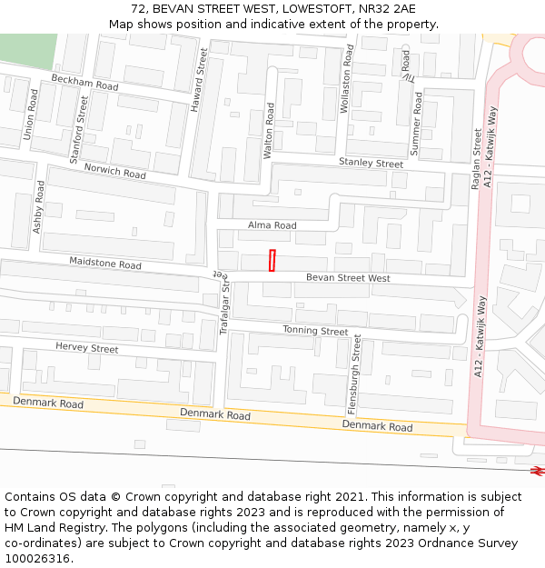 72, BEVAN STREET WEST, LOWESTOFT, NR32 2AE: Location map and indicative extent of plot