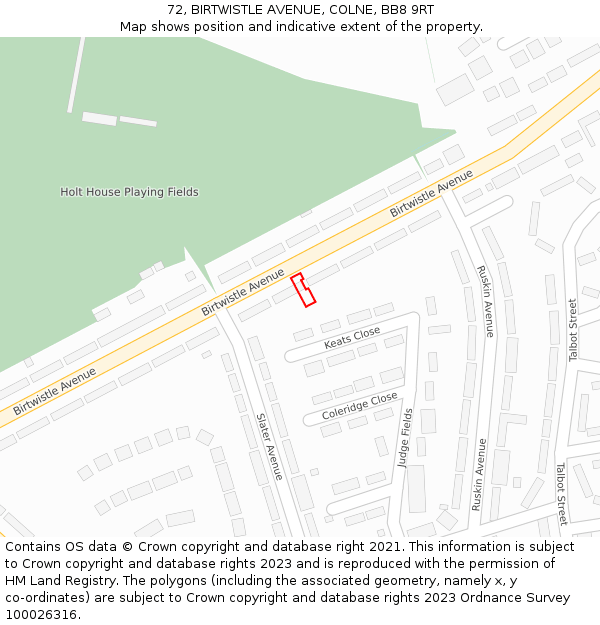 72, BIRTWISTLE AVENUE, COLNE, BB8 9RT: Location map and indicative extent of plot