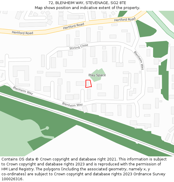 72, BLENHEIM WAY, STEVENAGE, SG2 8TE: Location map and indicative extent of plot