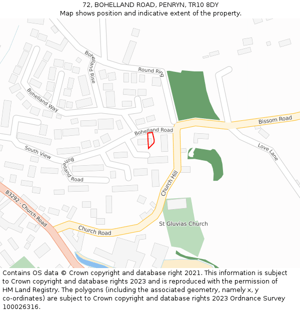 72, BOHELLAND ROAD, PENRYN, TR10 8DY: Location map and indicative extent of plot