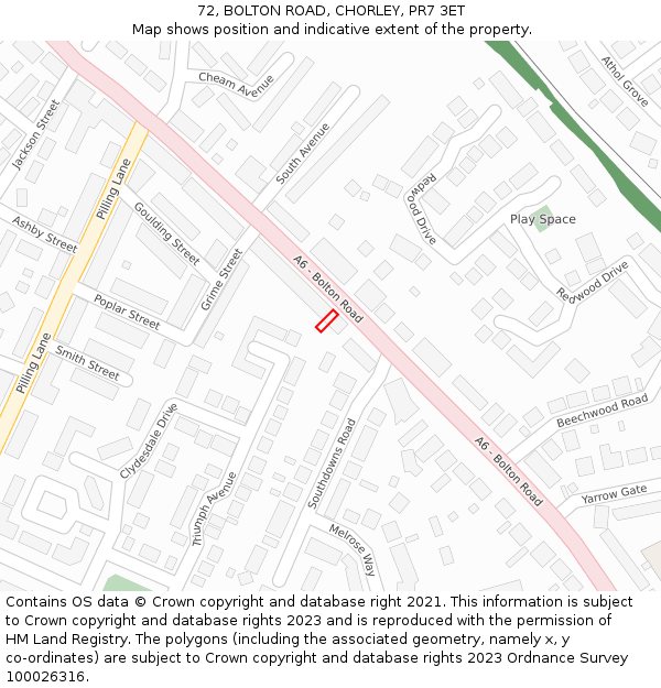 72, BOLTON ROAD, CHORLEY, PR7 3ET: Location map and indicative extent of plot