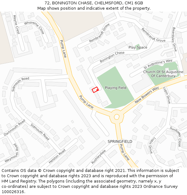 72, BONINGTON CHASE, CHELMSFORD, CM1 6GB: Location map and indicative extent of plot