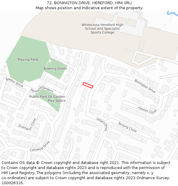 72, BONINGTON DRIVE, HEREFORD, HR4 0RU: Location map and indicative extent of plot