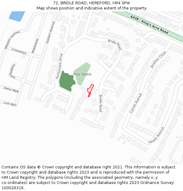72, BRIDLE ROAD, HEREFORD, HR4 0PW: Location map and indicative extent of plot