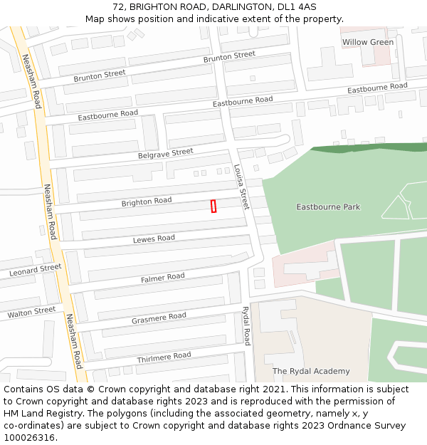 72, BRIGHTON ROAD, DARLINGTON, DL1 4AS: Location map and indicative extent of plot