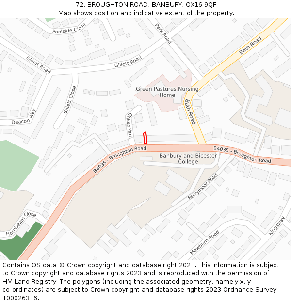 72, BROUGHTON ROAD, BANBURY, OX16 9QF: Location map and indicative extent of plot
