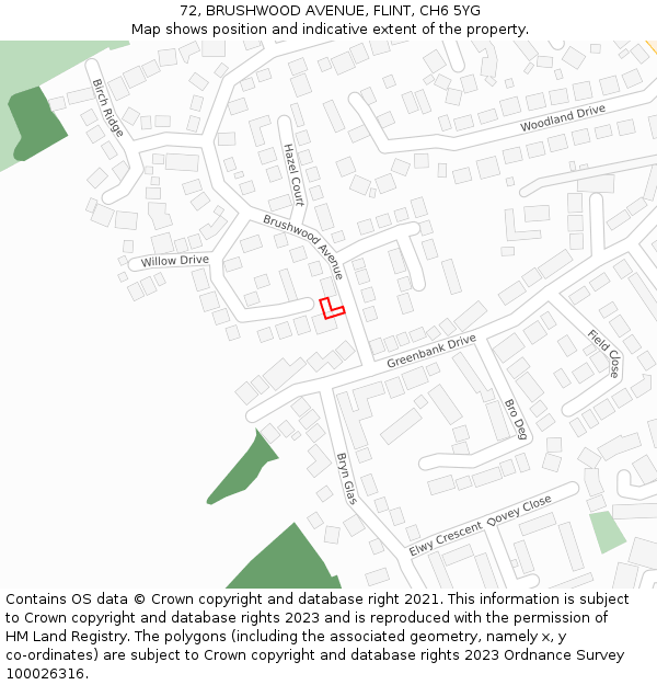 72, BRUSHWOOD AVENUE, FLINT, CH6 5YG: Location map and indicative extent of plot