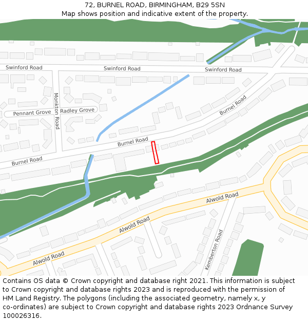 72, BURNEL ROAD, BIRMINGHAM, B29 5SN: Location map and indicative extent of plot