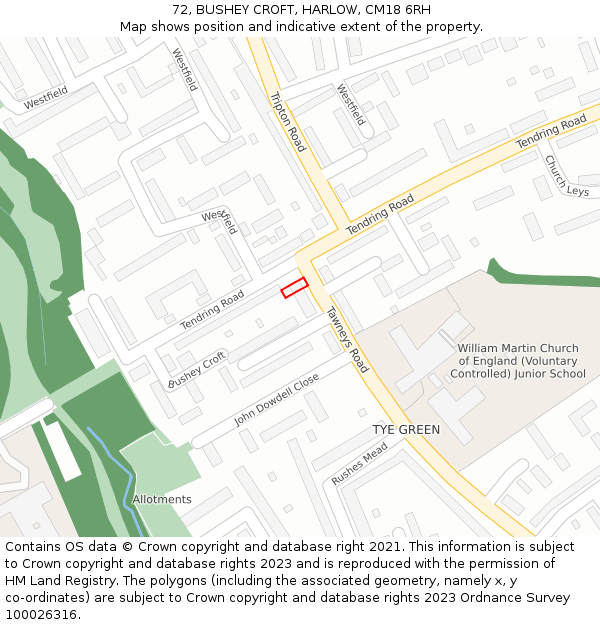 72, BUSHEY CROFT, HARLOW, CM18 6RH: Location map and indicative extent of plot
